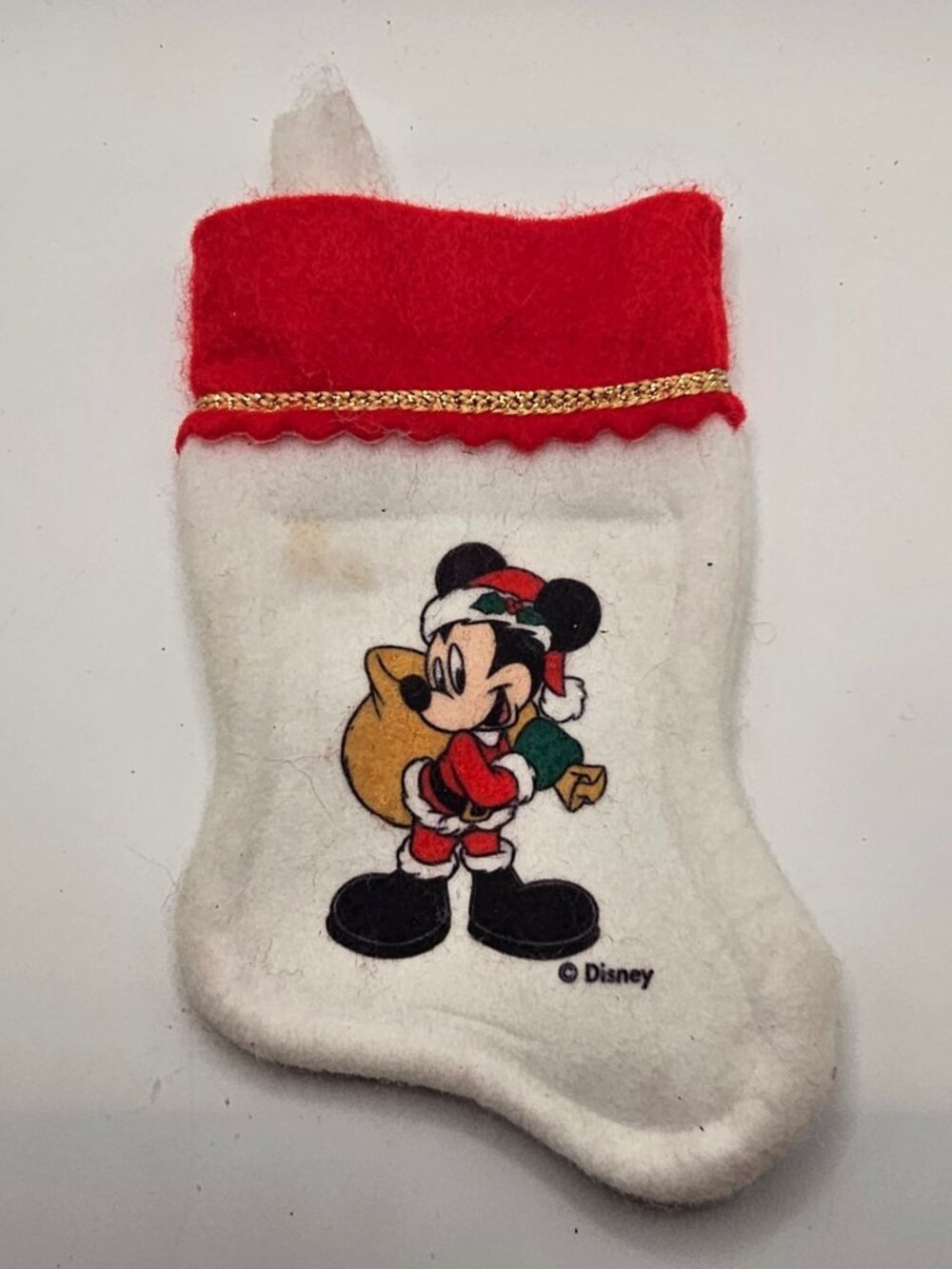 Vintage Disney Mickey Mouse Mini Felt Christmas Stocking 6" Red & White With Gol